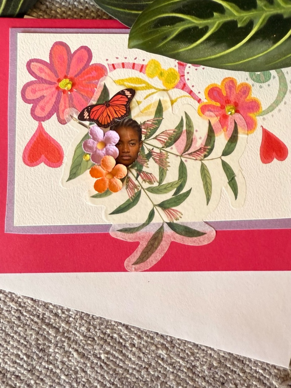 Handmade, one of a kind, -Floral Greeting Card - Pink Red Botanical Design. - Picture 6 of 6